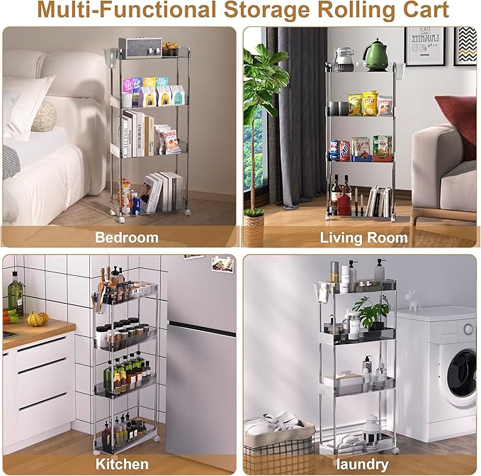 VECELO Acrylic 4-Tier Rolling Cart, Slim Utility Cart for Storage, Mobile Storage Cart with Lockable Wheels Hooks&Bucket for Office,Kitchen,Laundry Room Bathroom Living Room, Clear
