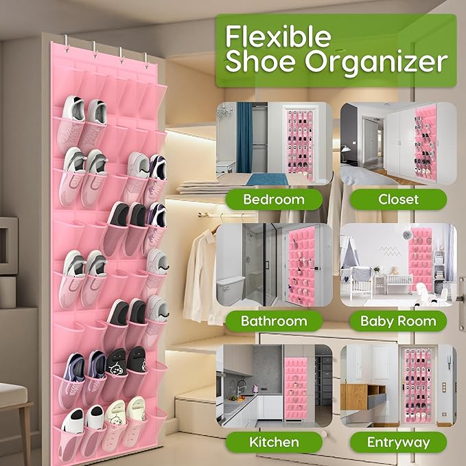 Unjumbly Over the Door Shoe Organizer with 40 Large Breathable Mesh Pockets, Space Saving Shoe Holder, Hanging Shoe Rack for Entryway Bedroom Closet Storage (Pink, 40 Pockets)-NeatNest