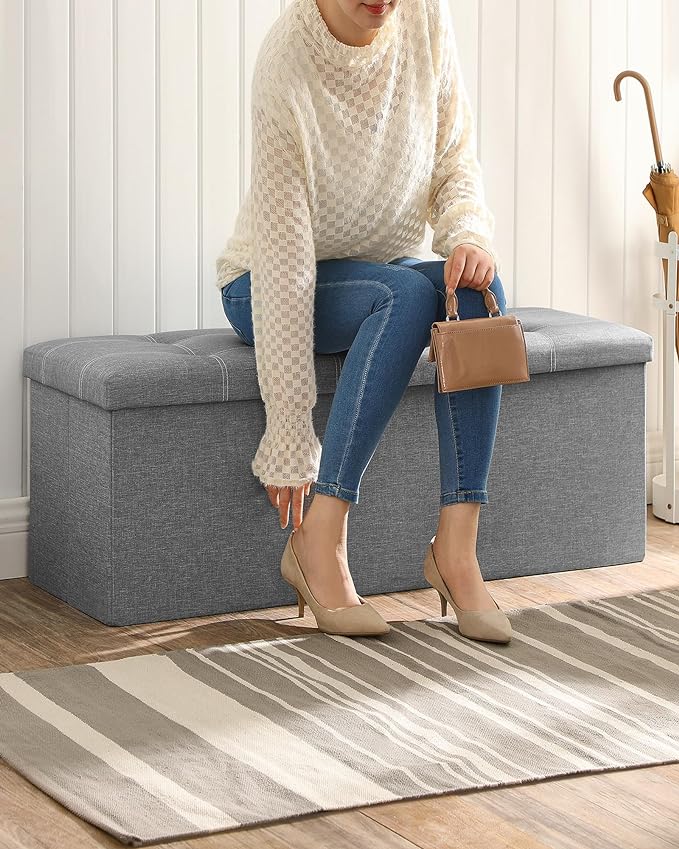 SONGMICS MAZIE Collection - 43 Inches Ottoman Storage Bench, 35 Gal. Folding Chest with Breathable Linen-Look Fabric, Load up to 660 lb, for Entryway, Living Room, Bedroom, Light Gray ULSF077G05-NeatNest
