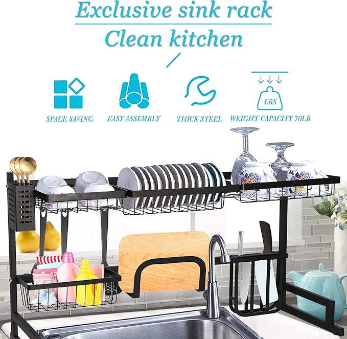 Over Sink Dish Drying Rack, 2 Tier Dish Drying Rack for 33.4", Versatile Dish Drainer Rack, Utensils Holder Kitchen Counter Storage Organizer, Countertop Space Saver, Stainless Steel
