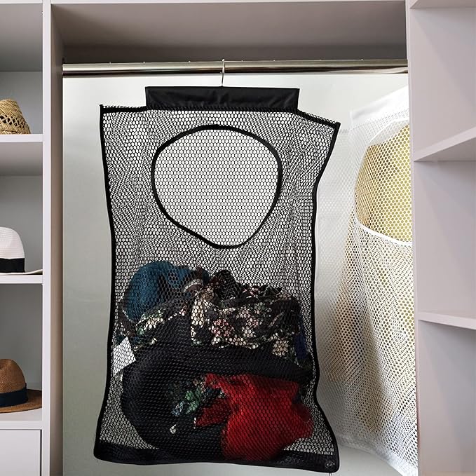 Hanging Mesh Laundry Hamper (30in*20in*2in) Large Dirty Clothes Bag, Can Be Used Behind The Door & Closet & Caravan& Bathroom (Black)-NeatNest