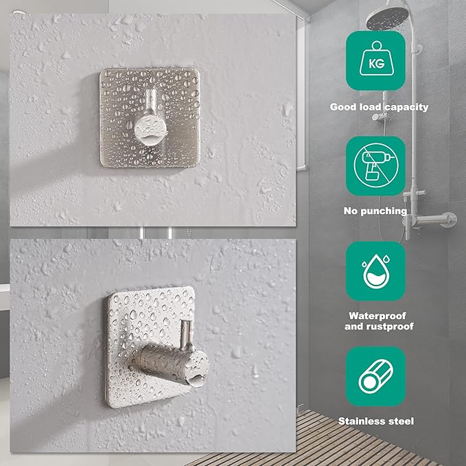 4 Pack Adhesive Stainless Steel Wall Hooks - Heavy Duty, Waterproof, Towel & Robe Hooks