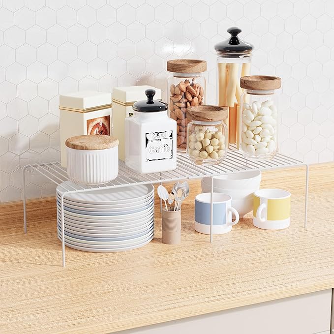Expandable Storage Shelf, Pantry Organizers and Storage, Adjustable Rustproof Metal Wire Spice Rack, Space Saver Kitchen Storage Shelves for Pan, Pot, Countertop, Drawer, Fridge, Set of 2, White-NeatNest