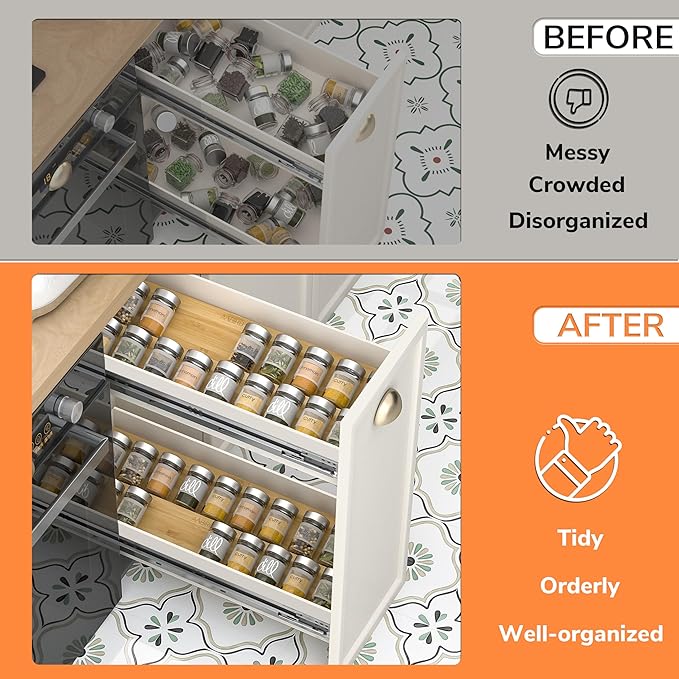 AMBIRD Bamboo Spice Drawer Organizer with Non-slip Mat, 4 Tier Jar Spice Rack Tray 13'',Seasoning Organizer for Kitchen,Cabinet,Drawers,Countertop-NeatNest