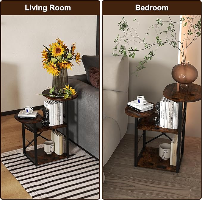 End Table, Cat Bed Table, Small Bedside Table with Removable Cat Condo, Flip Top Side Table with 3-Tiered Storage Shelves, Round Side Table, for Living Room, Bedroom, Rustic Brown and Classic Black