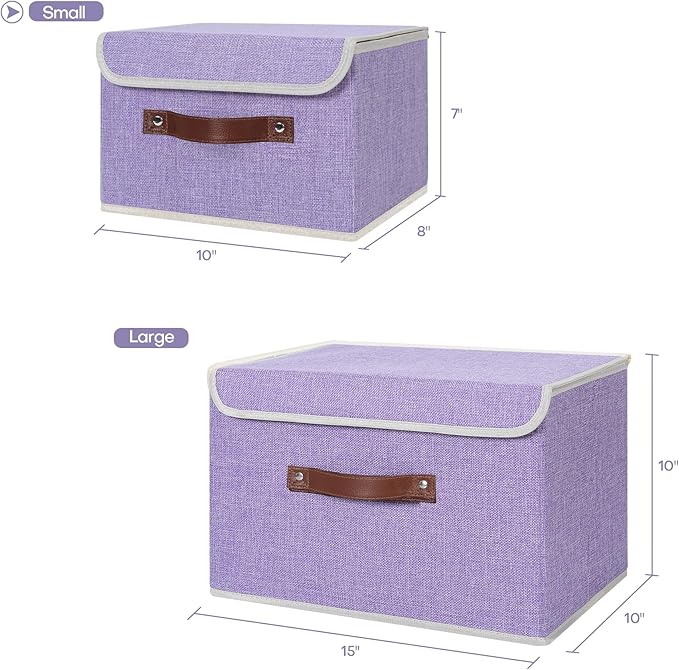 ANMINY Storage Bin with Lid Storage Boxes with PU Leather Handles PP Plastic Board Decorative Foldable Lidded Cotton Linen Fabric Home Cubes Baskets Closet Organizer Container - Purple, Small Size-NeatNest