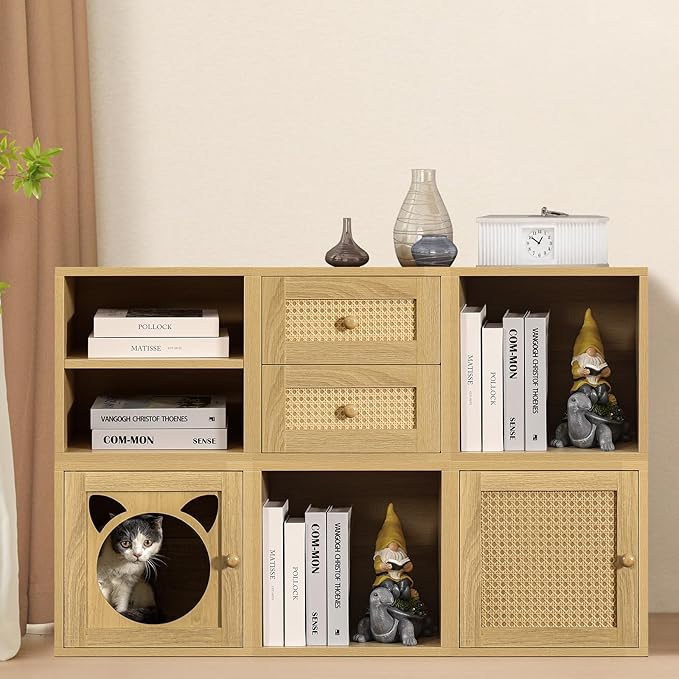 Magic DIY Cube Storage Organizer Stackable Cubes for Home Books Clothes Toy -Modular Cubby Storage System -Closet Organizer -Bookcase Closet(Yellow Oak,Cat Door Cube)-NeatNest