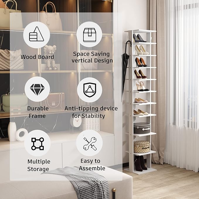 HOMEFORT 10-Tier Vertical Shoe Rack, Corner Shoe Tower, Slim Shoe Organizer with Two Hanging Hooks, Wooden Shoe Storage Stand for Entryway, Hallway, Closet (White)-NeatNest