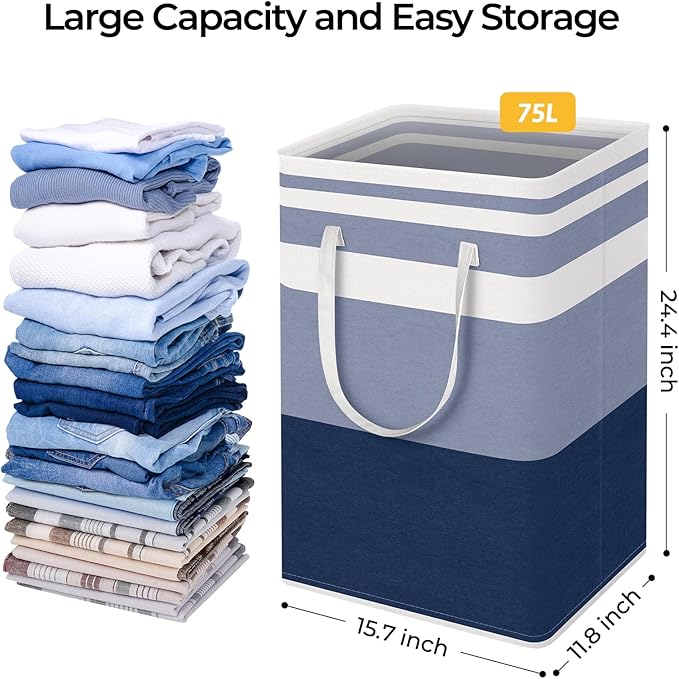 HomeHacks 2-Pack Large Laundry Basket, Waterproof, Freestanding Laundry Hamper, Collapsible Tall Clothes Hamper with Extended Handles for Clothes Toys in the Dorm and Family (Blue, 75L)-NeatNest