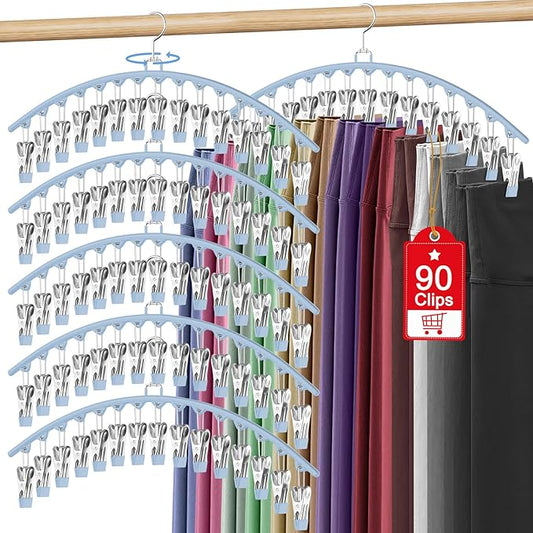 6 Pack Legging Organizer for Closet Hanging, Pants Hangers with 15 Clips Holds 45 Leggings, Shorts, Skirts, Jeans, Hats, Pants Hangers Space Saving Clothes Racks Closet Organizers and Storage, Blue-NeatNest