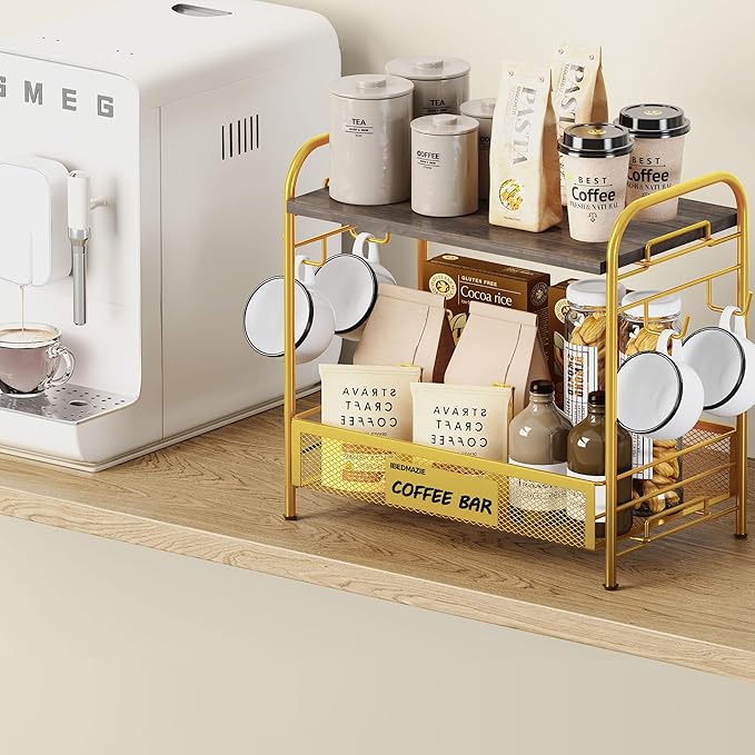 Coffee Bar Organizer for Countertop Station, Simple Assembly 2 Tier Shelf for Home,Office, Coffee Cup Holder Storage Organization for Counter Accessory Storage Rack with 4 Hooks Space-Saving-NeatNest