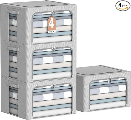 4 Pack Clothes Storage Bins - Oxford Fabric Metal Frame Storage Box - Foldable Stackable Container Organizer Set with Clear Window & Carry Handles & Zippers (Grey, 15.7"x11.8"x7.8")-NeatNest
