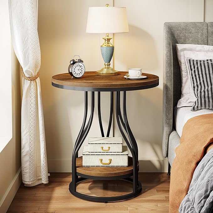 Tribesigns Round Side End Table 2-Tier End Tables Modern Bedside Table Small Chirside Tables with Storage for Couch Side, Nightstand with Metal Frame for Living Room (2, Brown+Black)
