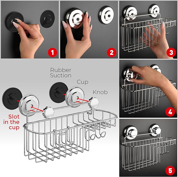 HASKO Shower Caddy Suction Cup, Shower Shelf with Soap Dish and Hooks Organizer, Suction Bathroom Shelf for Storage, Wall Mounted Basket, Silver