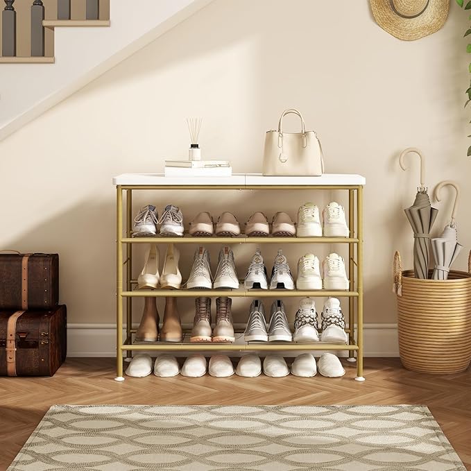 Shoe Rack Organizer 4 Tier for Closet Entryway Free Standing Metal Storage Shoe Shelf with MDF Top Board，Gold-NeatNest