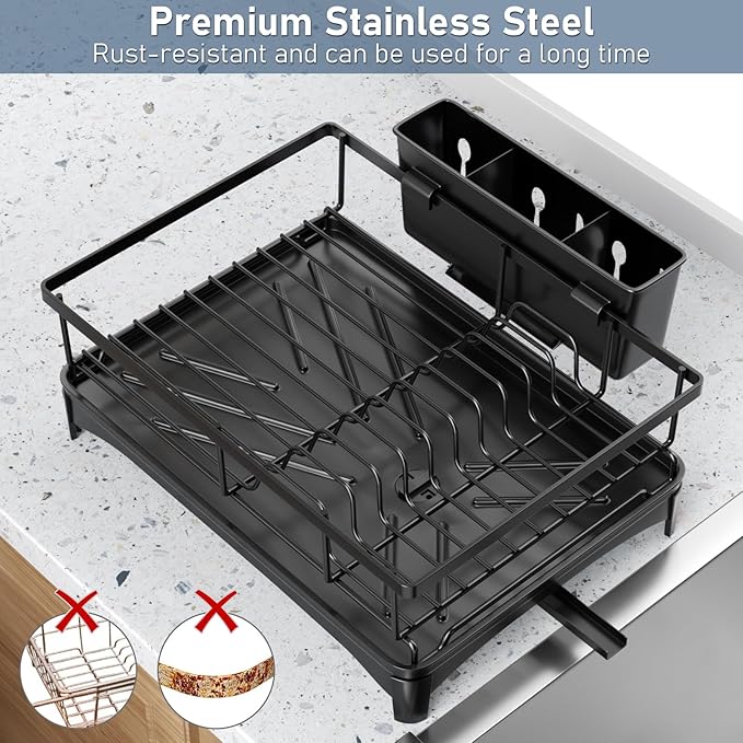Black Stainless Steel Dish Drying Rack for Kitchen Counter, Space-Saving Dish Drainer with Drainboard, Utensil Holder & Collapsible Design-NeatNest