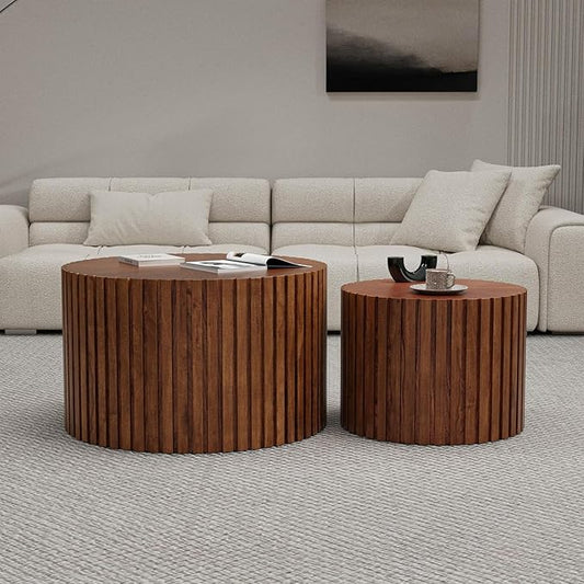 Round Coffee Table Set of 2, Nesting Coffee Table and End Table Set Small Circle Drum Side Table for Living Room Office, No Assembly (C Walnut Small)