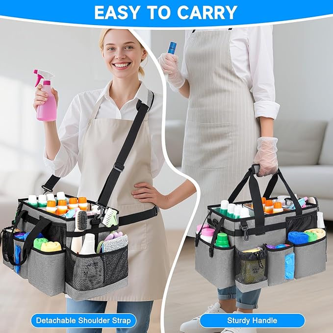 Cleaning Caddy Bag, Large Cleaning Supplies Organizer for Housekeepers, Housekeeping Caddy with Handle and Detachable Padded Cushion, Gray-NeatNest