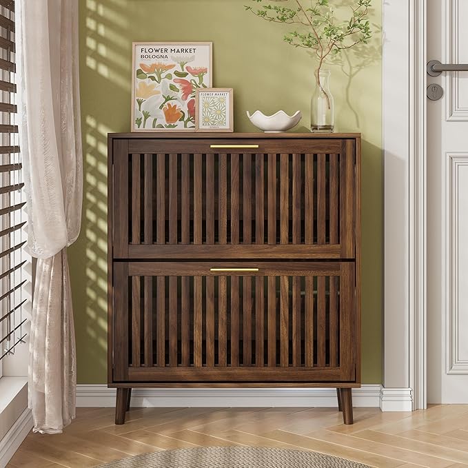 Vibe & Dine Shoe Cabinet with 2 Flip Drawers, Narrow Shoe Organizer with Gold Handles, Freestanding Shoe Storage Cabinet for Entryway Slim, Wood Shoe Rack for Hallway, Bedroom, Walnut-NeatNest