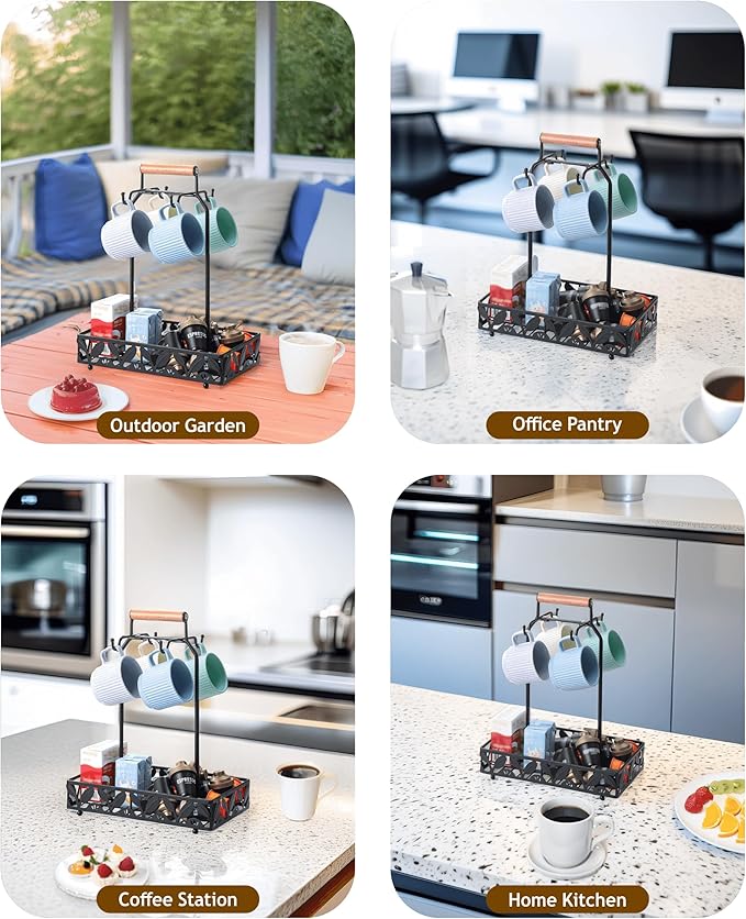 Coffee Mug Holder for Countertop, Mug Tree & Mug Rack with Storage Basket, 2-in-1 Organizer Holds 4 Large Mugs, Kitchen Cup Holder for Coffee Bar Accessories, Pods & Tea Bags, Black Metal with Handle-NeatNest