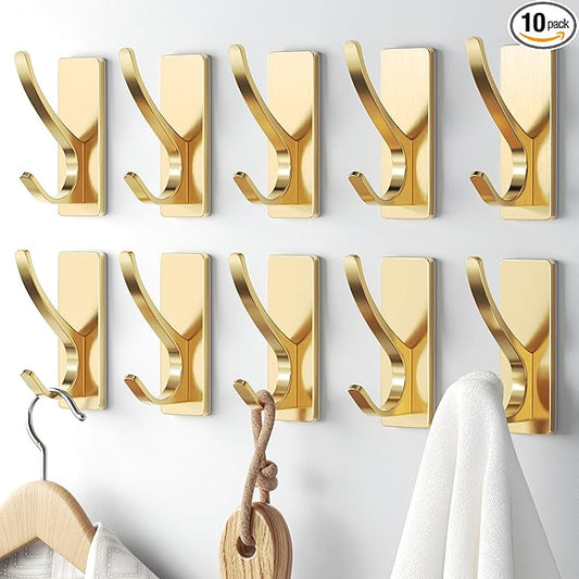 10 Pack Self Adhesive Coat Hooks for Hanging, Heavy Duty Stainless Double Wall Hook for Towel, Backpack, Hat, Sturdy Metal Hanger for Bathroom, Bedroom, Door, Wall Mounted, Brushed Gold