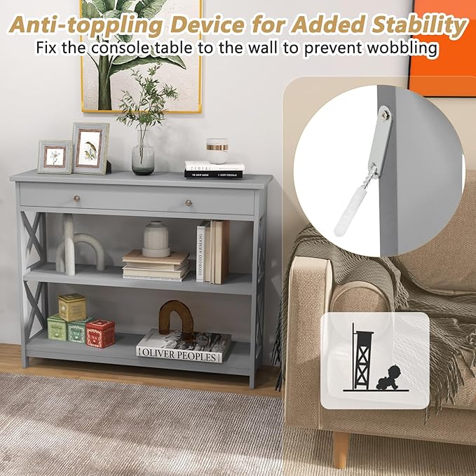 GOFLAME 39" Console Sofa Table with Drawers, 3-Tier Narrow Entry Table with Storage Shelves for Living Room Behind Couch, Entryway, Hallway (Grey)-NeatNest
