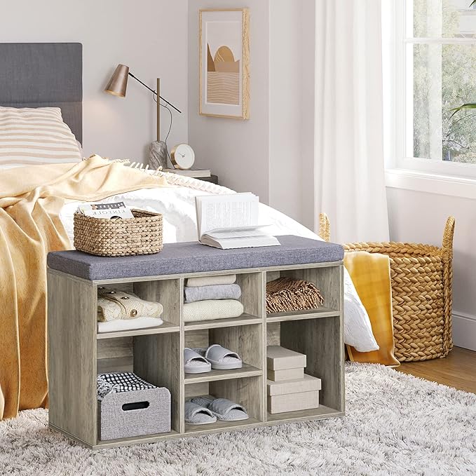 DINZI LVJ Shoe Bench, 9 Cubbies Shoe Organizer for Entryway, Storage Bench with Cushion, Cubby Shoe Rack with Adjustable Shelves for Living Room, Bedroom, Mudroom, Hallway, Gray Wash-NeatNest