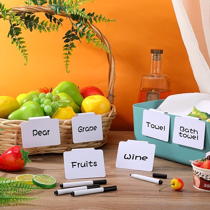 34 Pcs White Basket Labels Clip on Removable Hanging Label Holder with Chalk Markers for Storage Bin Basket Box Kitchen Pantry