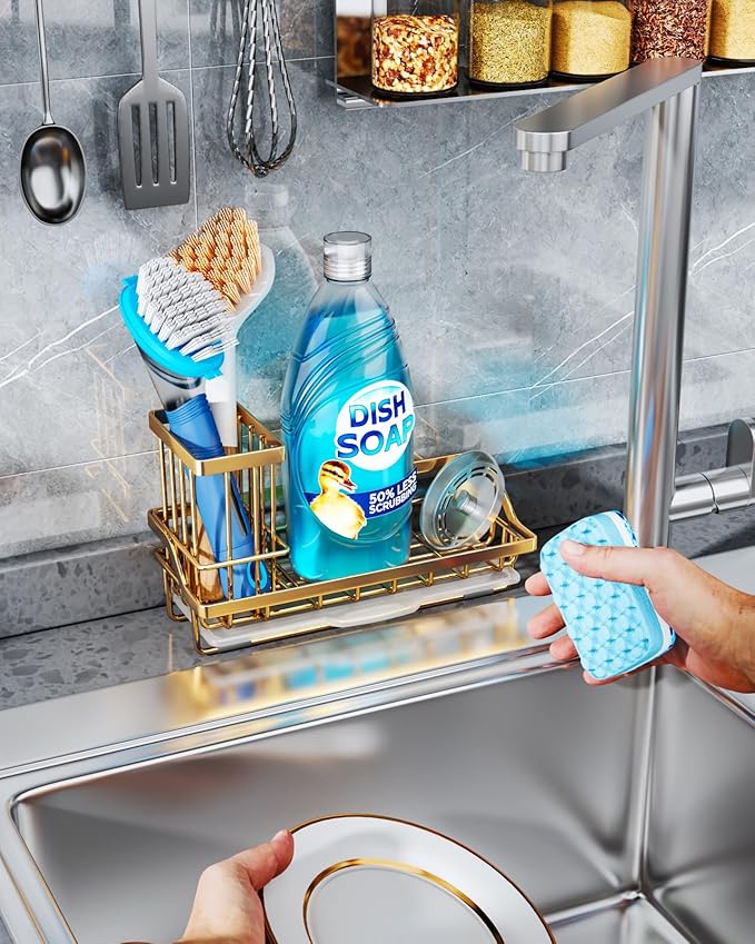 Consumest Sink Caddy, Kitchen Sponge Holder with Dish Brush Holder, Kitchen Sink Organizer with Drip Tray for Countertop, Stainless Steel Rustproof - Gold-NeatNest