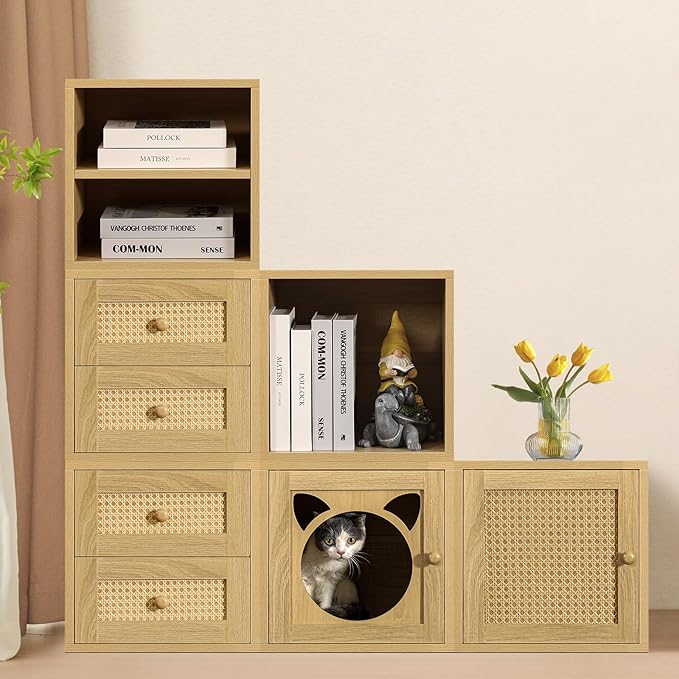 Magic DIY Cube Storage Organizer Stackable Cubes for Home Books Clothes Toy -Modular Cubby Storage System -Closet Organizer -Bookcase Closet(Yellow Oak,Cat Door Cube)-NeatNest