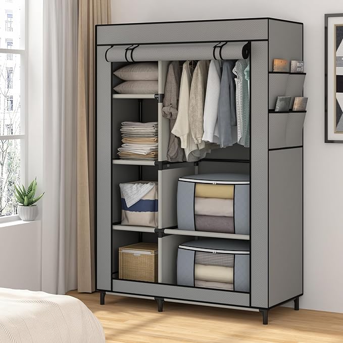 Calmootey Portable Closet, Wardrobe with 6 Shelves and Hanging Rod, Storage Organizer for Bedroom, Non-Woven Fabric Cover with 4 Side Pockets, Includes 2 Storage Bags for Clothes, Grey-NeatNest