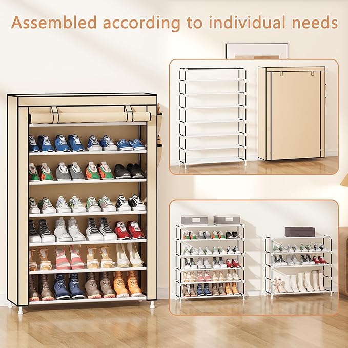 Laiensia 7-Tier Vertical Shoe Rack Organizer, Space Saving Shoe Storage Organizer, Non-Woven Cover Shoe Shelf Holds 28-35 Pairs for Bedroom, Hallway, Closet Entryway, Beige-NeatNest