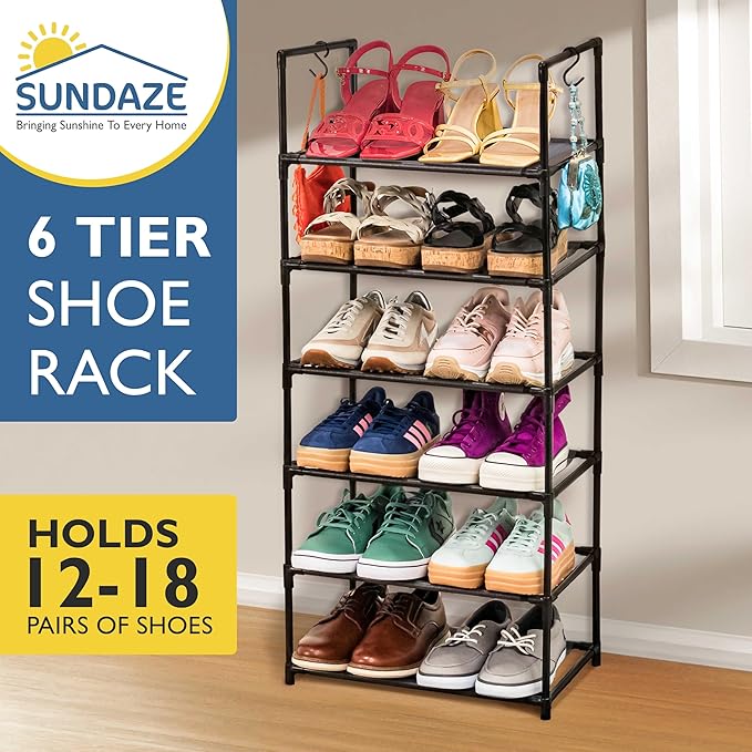 Sundaze Shoe Rack - 6 Tier Tall Shoe Rack for Closet, Sturdy Stackable Shoe Organizer for Closet, Bedroom, Entryway, Garage, Non Woven Fabric Shelf, Black, Holds 12-18 Pairs-NeatNest