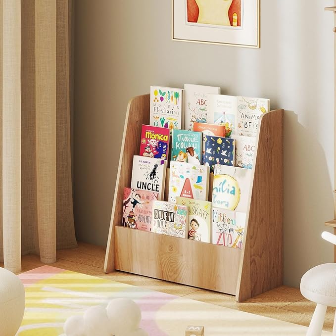 GLACER 4-Tier Kids Bookshelf, Wood Toddler Bookcase with Deep Magazine Display Shelf & Back Storage Space, Children Storage Organizer for Nursery, Playroom, Kids Bedroom, Classroom (Natural)