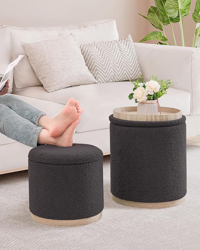 B FSOBEIIALEO Storage Ottoman Round Boucle Ottomans with Tray, Set of 2 Teddy Foot Rest Ottoman Cube with Storage for Living Room, Dark Grey 15"x15"x16.9"
