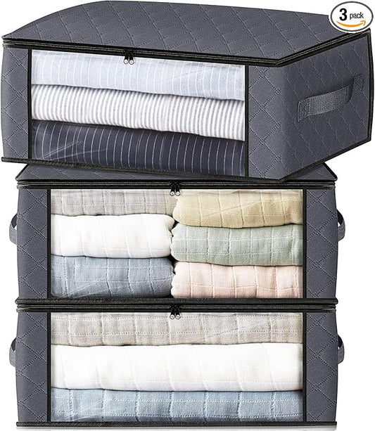 HomeHacks Storage 3-Pack Clothes Organizer Storage Bags Foldable Storage Box with Large Clear Window Sturdy Handles for Closet, Dorm, Pillows, Bedding, Clothes, Blankets, 35L, Gray-NeatNest