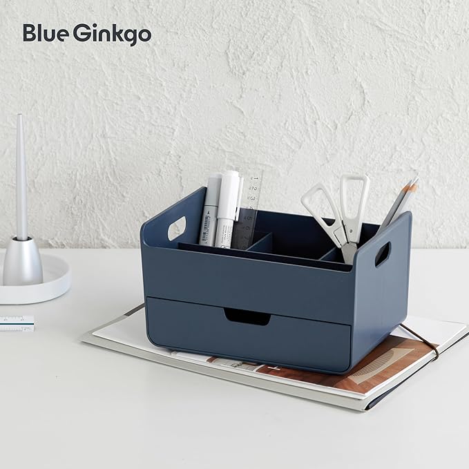 BLUE GINKGO Portable Desk Organizer – Compact 3 Compartment, Half-drawer Storage – Pen Holder, Stationery Desktop Organizer for Office, Makeup, Crafts (Made in Korea, Blue)-NeatNest