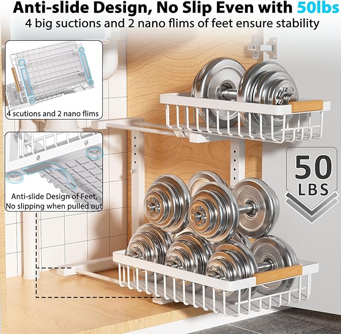 Under Sink Organizer Storage 1 pack, 2 Tier Slide Out Height Adjustable Pull Out Cabinet Organizer Drawers, Kitchen Bathroom Large Capacity Metal Under Sink Rack Caddy Basket Shelves, White-NeatNest