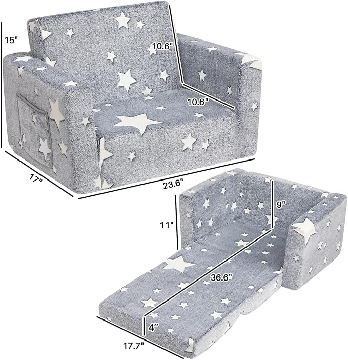 ALIMORDEN 2-in-1 Toddler Fold Out Couch, Comfy Convertible Sofa to Lounger, Glow-in-The-Dark Star Pattern Foam Seat for Little Ones with Removable Washable Cover-NeatNest