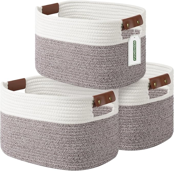 Cotton Rope Basket , Storage Baskets with Handle, 15x10x9 Inch Woven Basket for Shelves, Laundry, Towels, Clothes, Books, Toys (White Brown 3 Pack)-NeatNest