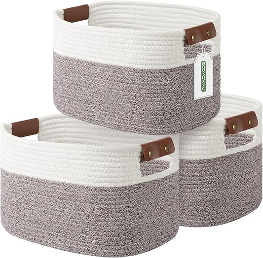 Cotton Rope Basket , Storage Baskets with Handle, 15x10x9 Inch Woven Basket for Shelves, Laundry, Towels, Clothes, Books, Toys (White Brown 3 Pack)-NeatNest