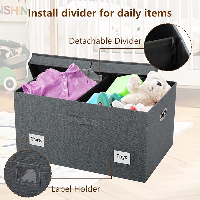 75 Quarts Extra Large Decorative Storage Bins with Lids, 3 Packs Dark Gray Collapsible Storage Bins with Lids, Stackable Storage Bins Decorative Box Storage With Lid Extra Large-NeatNest