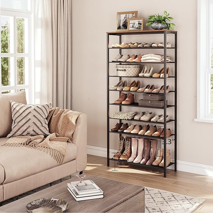 10-Tier Shoe Rack, Shoe Organizer for Entryway, Large Capacity Shoe Shelf, for 36-40 Pairs of Shoes, Stable Sturdy, Shoe Storage with 9 Metal Mesh Shelves, Rustic Brown SRHR1101Z-NeatNest