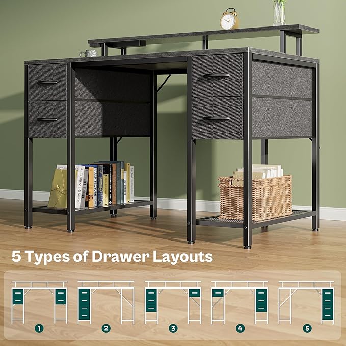 Huuger 47 inch Computer Desk with 4 Drawers, Gaming Desk with LED Lights & Power Outlets, Home Office Desk with Large Storage Space for Bedroom, Work from Home, Grey-NeatNest