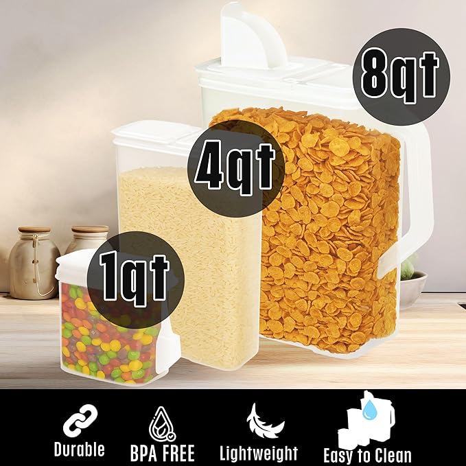 Buddeez Cereal Buddy Food Storage Dispenser - Multi-Size, BPA Free Plastic Containers with EZ Grip Handle, Scoop, and EZ Pour Spout, 8 QT, Set of 3.-NeatNest