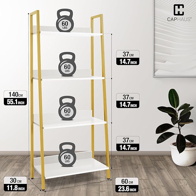 CAPHAUS 4 Tier Ladder Bookshelf, 24 Inch Width Free Standing Shelf, Bookcase Shelf Storage Rack Organizer, Industrial Book Shelves for Home Office, Living Room, Kitchen, White Shelves & Gold Frame-NeatNest