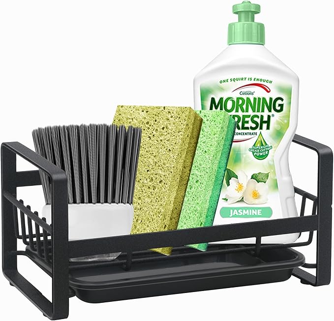 Kitchen Sponge Holder for Sink, Kitchen Sink Caddy Organizer, Sink Tray Drainer Rack, Dish Rags Brush Soap Storage Countertop with Removable Front Drain Pan - Black