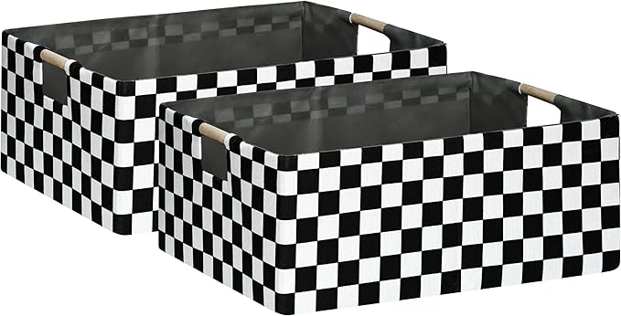 Checkered Storage Basket Foldable Nursey Box | 16.9" Storage Cube for Women Closet Organizer Boys Car Toys Bins with Handles | Sturdy Cardboard & Washable Fabric 2Pack-NeatNest