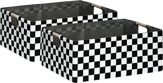 Checkered Storage Basket Foldable Nursey Box | 16.9" Storage Cube for Women Closet Organizer Boys Car Toys Bins with Handles | Sturdy Cardboard & Washable Fabric 2Pack-NeatNest