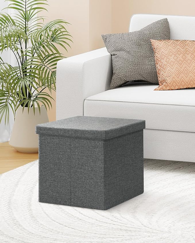 B FSOBEIIALEO Storage Ottoman with Tray, Linen Small Coffee Table Folding Foot Rest Seat Cube, Dark Grey 16"X15.7"x15" Double (2 Pack)-NeatNest